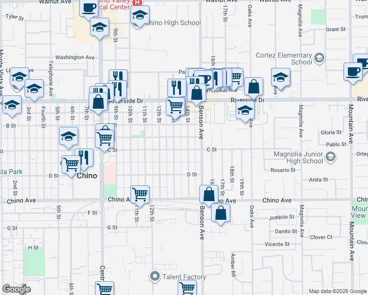 map of restaurants, bars, coffee shops, grocery stores, and more near 13101 13th Street in Chino