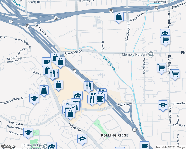 map of restaurants, bars, coffee shops, grocery stores, and more near 13104 Serenity Trail in Chino