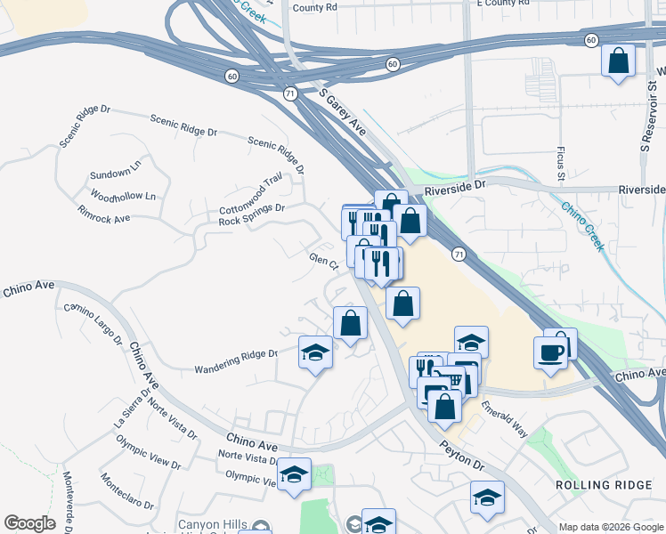 map of restaurants, bars, coffee shops, grocery stores, and more near 13115 Le Parc Boulevard in Chino Hills