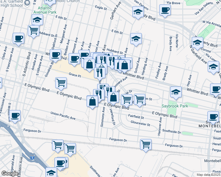 map of restaurants, bars, coffee shops, grocery stores, and more near 1016 Simmons Avenue in East Los Angeles