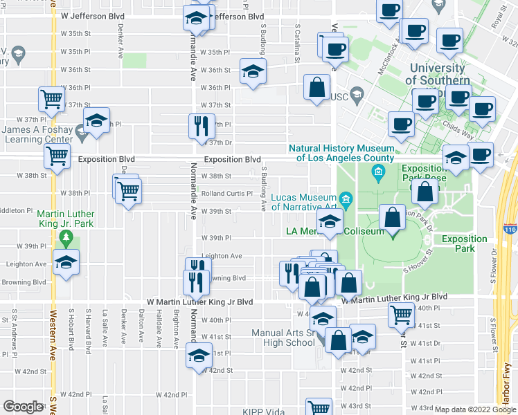 map of restaurants, bars, coffee shops, grocery stores, and more near 1155 West 39th Street in Los Angeles