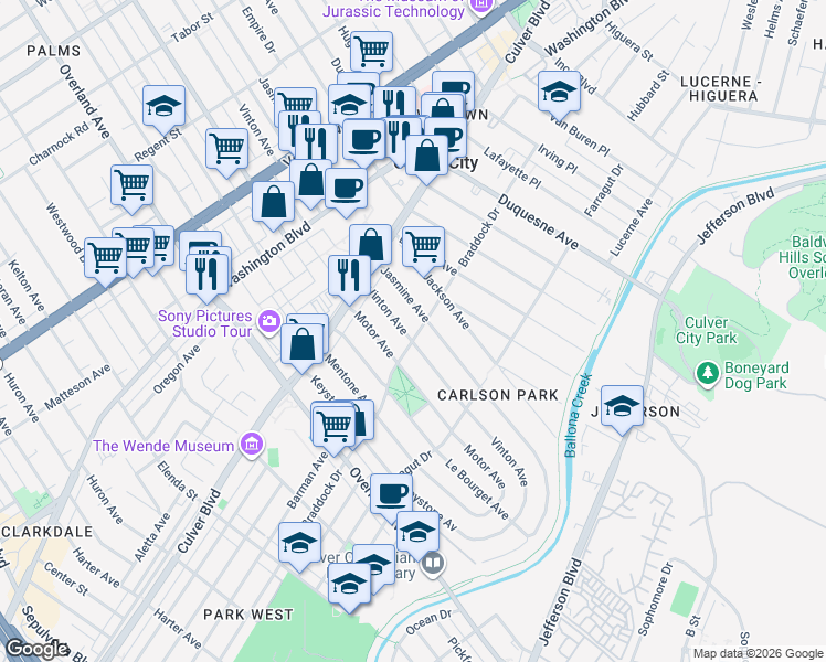 map of restaurants, bars, coffee shops, grocery stores, and more near 4179 Vinton Avenue in Culver City