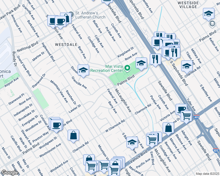 map of restaurants, bars, coffee shops, grocery stores, and more near 3430 Federal Avenue in Los Angeles