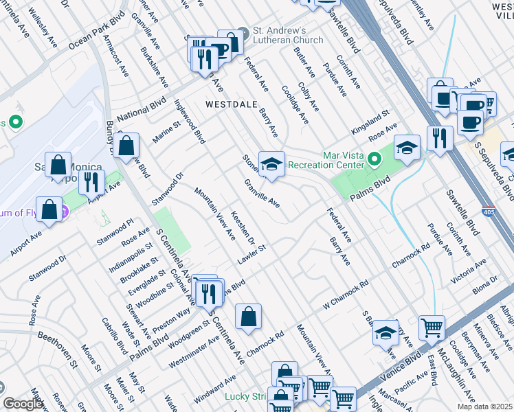 map of restaurants, bars, coffee shops, grocery stores, and more near 11990 Woodbine Street in Los Angeles