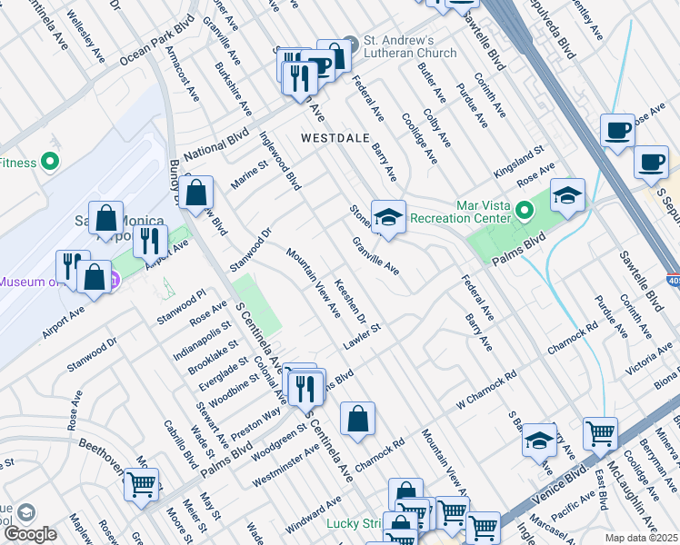 map of restaurants, bars, coffee shops, grocery stores, and more near 3312 Keeshen Drive in Los Angeles