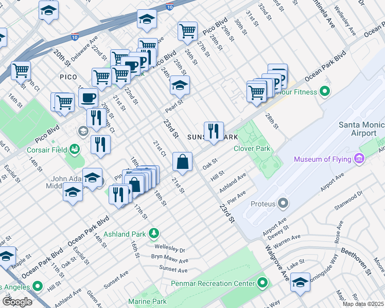 map of restaurants, bars, coffee shops, grocery stores, and more near 2217 Ocean Park Place North in Santa Monica