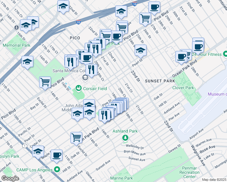 map of restaurants, bars, coffee shops, grocery stores, and more near 2352 18th Court in Santa Monica