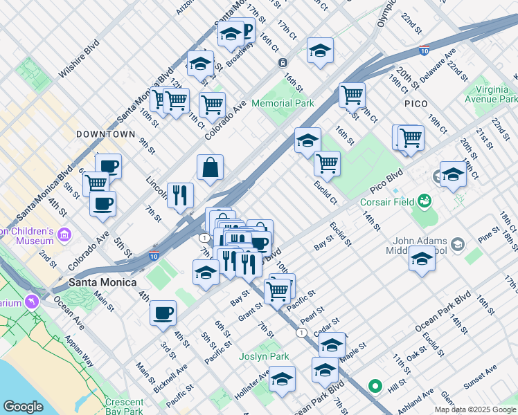 map of restaurants, bars, coffee shops, grocery stores, and more near 1814 11th Street in Santa Monica