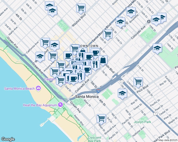 map of restaurants, bars, coffee shops, grocery stores, and more near 1540 6th Street in Santa Monica