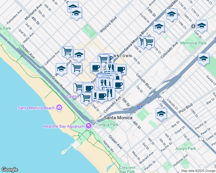 map of restaurants, bars, coffee shops, grocery stores, and more near 520 Broadway in Santa Monica