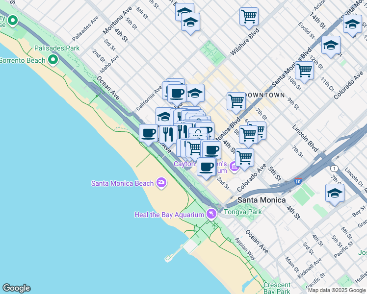 map of restaurants, bars, coffee shops, grocery stores, and more near 1322 2nd Street in Santa Monica