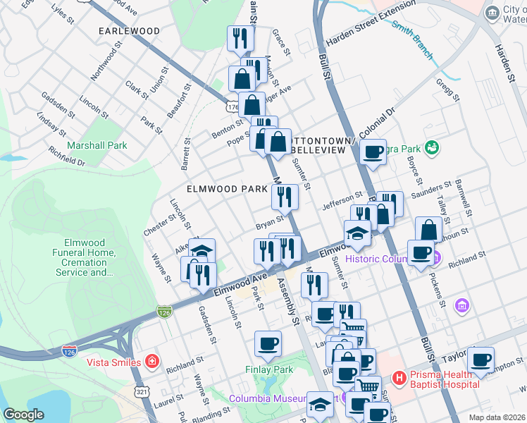 map of restaurants, bars, coffee shops, grocery stores, and more near 2212 Rembert Street in Columbia