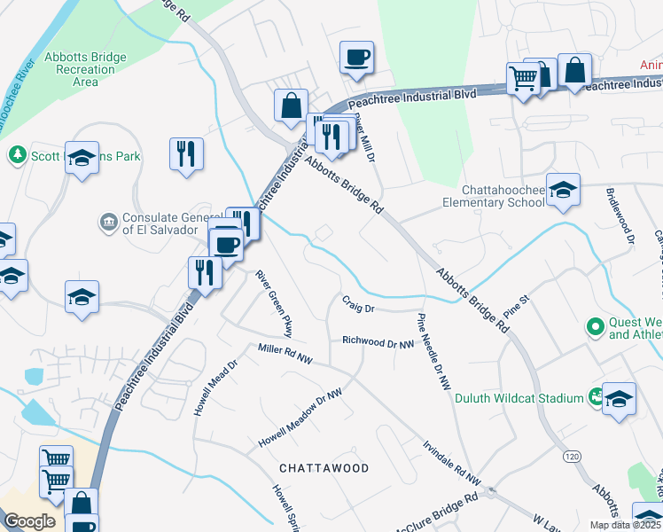 map of restaurants, bars, coffee shops, grocery stores, and more near 4137 Rogers Creek Court in Duluth