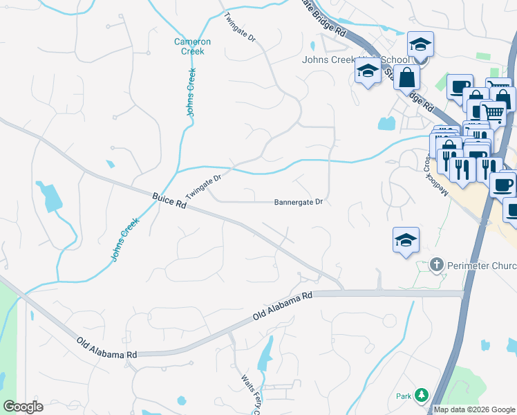 map of restaurants, bars, coffee shops, grocery stores, and more near 5295 Bannergate Drive in Alpharetta