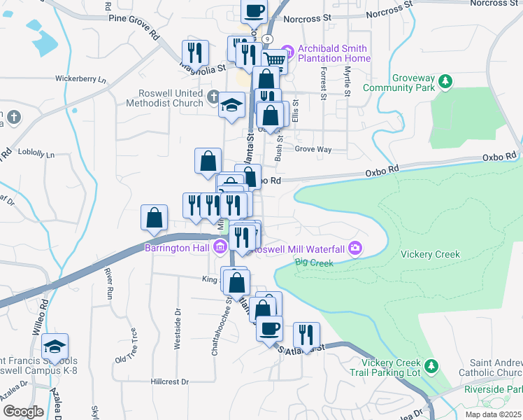 map of restaurants, bars, coffee shops, grocery stores, and more near 34 Sloan Street in Roswell