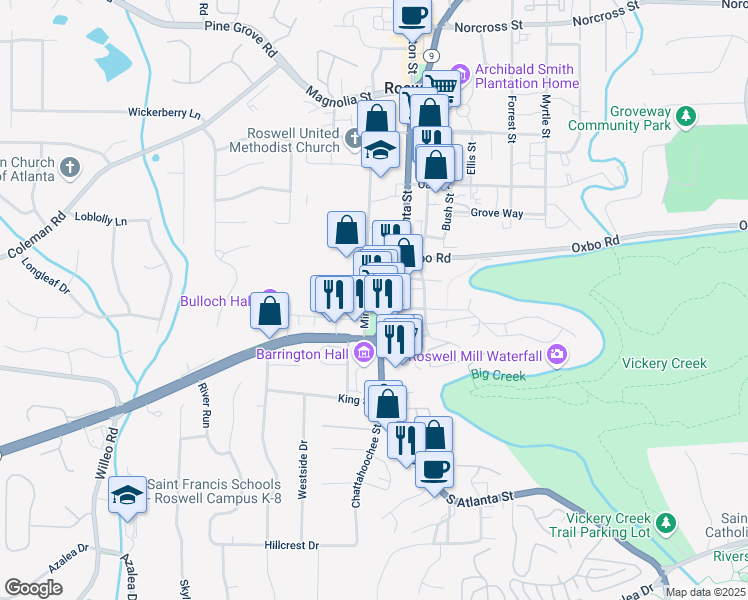 map of restaurants, bars, coffee shops, grocery stores, and more near 49 Park Square Court in Roswell