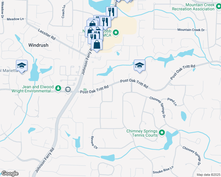 map of restaurants, bars, coffee shops, grocery stores, and more near 2716 Alpine Trail in Marietta