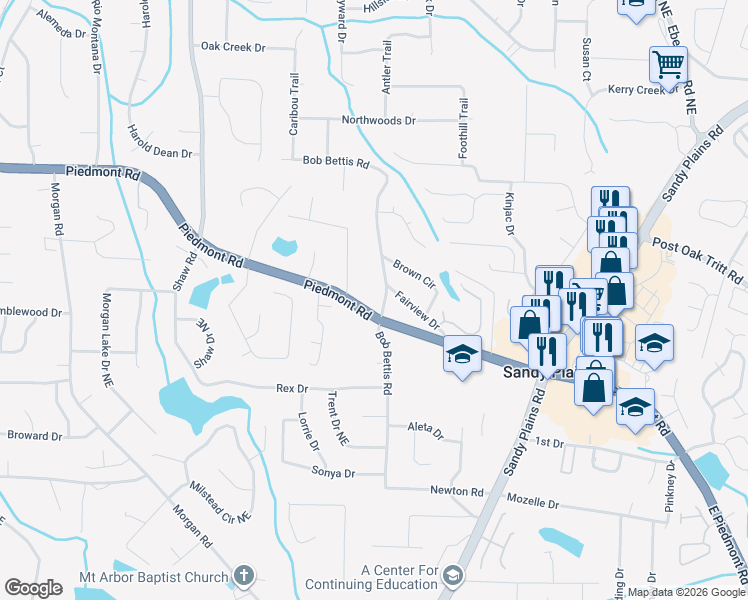 map of restaurants, bars, coffee shops, grocery stores, and more near 2675 Bob Bettis Road in Marietta