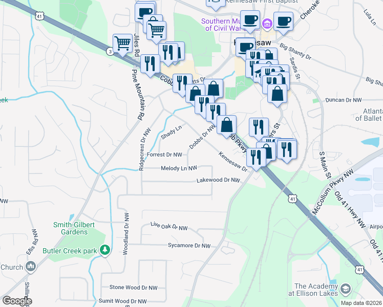 map of restaurants, bars, coffee shops, grocery stores, and more near 2546 Dobbs Drive Northwest in Kennesaw