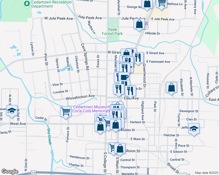 map of restaurants, bars, coffee shops, grocery stores, and more near 127 Marshall Street in Cedartown