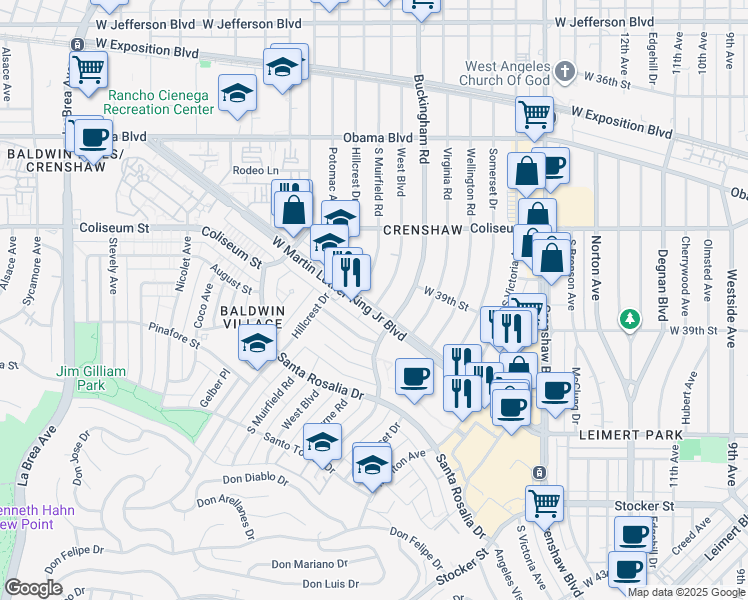 map of restaurants, bars, coffee shops, grocery stores, and more near 3865 West Boulevard in Los Angeles