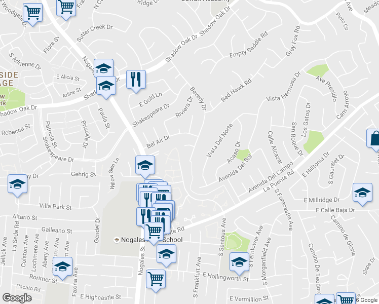map of restaurants, bars, coffee shops, grocery stores, and more near 355 Beverly Drive in Walnut
