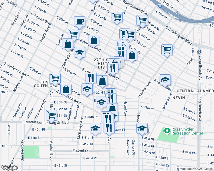 map of restaurants, bars, coffee shops, grocery stores, and more near 1040 East 29th Street in Los Angeles