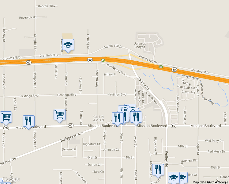 map of restaurants, bars, coffee shops, grocery stores, and more near 9145 Hastings Boulevard in Riverside