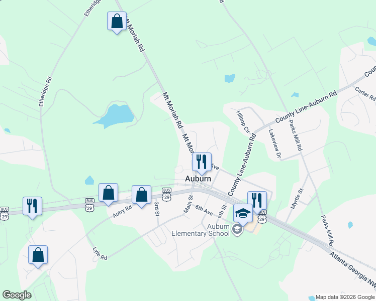 map of restaurants, bars, coffee shops, grocery stores, and more near 46 Mount Moriah Road in Auburn