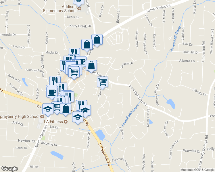 map of restaurants, bars, coffee shops, grocery stores, and more near 2203 Concord Square Drive Northeast in Marietta