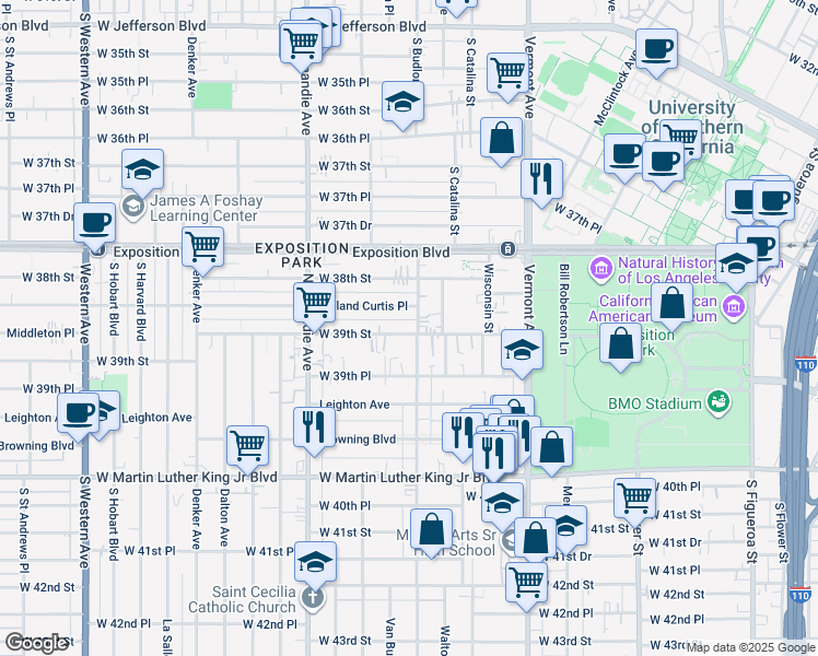 map of restaurants, bars, coffee shops, grocery stores, and more near 1159 West 39th Street in Los Angeles