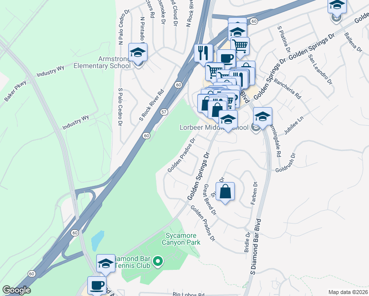 map of restaurants, bars, coffee shops, grocery stores, and more near 495 Golden Prados Drive in Diamond Bar