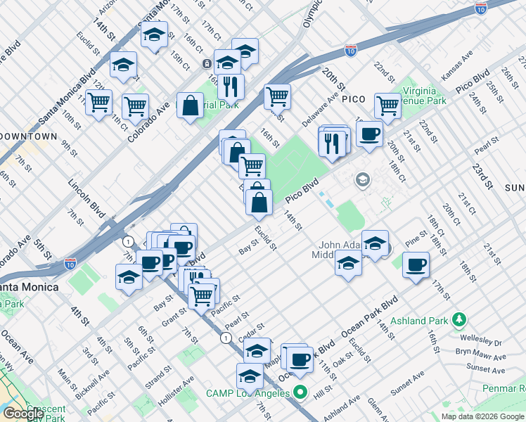 map of restaurants, bars, coffee shops, grocery stores, and more near 1309 West Pico Boulevard in Los Angeles