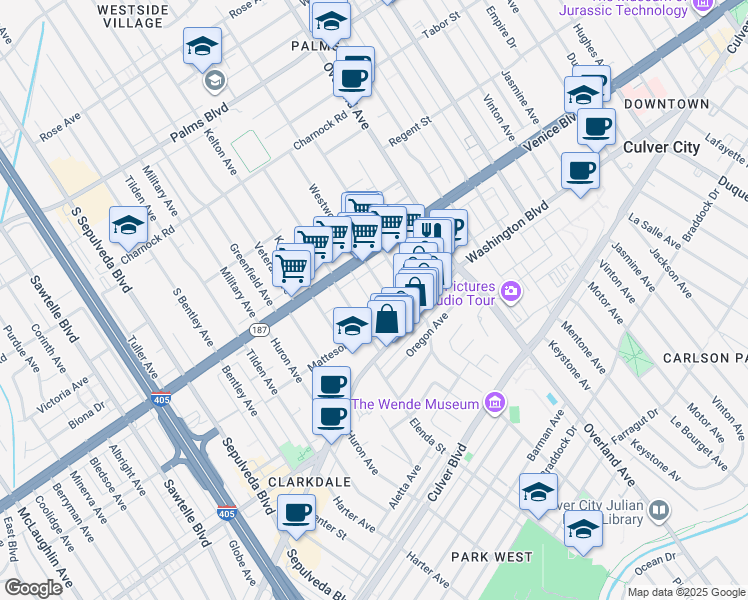 map of restaurants, bars, coffee shops, grocery stores, and more near 3848 Spad Place in Culver City