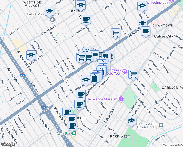 map of restaurants, bars, coffee shops, grocery stores, and more near 3848 Spad Place in Culver City