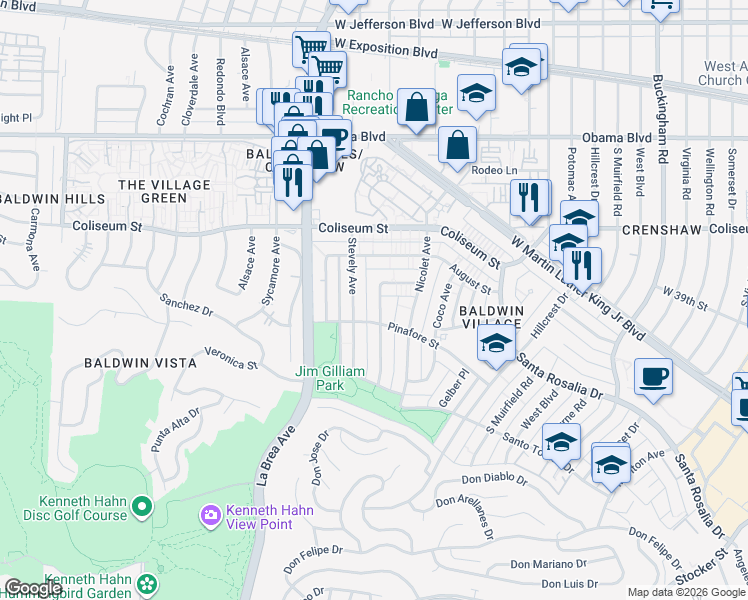 map of restaurants, bars, coffee shops, grocery stores, and more near 3942 Stevely Avenue in Los Angeles