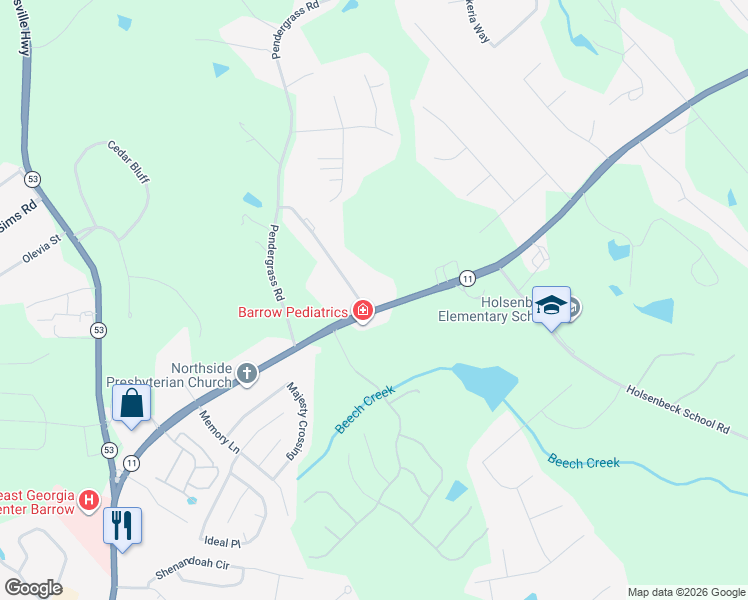 map of restaurants, bars, coffee shops, grocery stores, and more near 568 Jefferson Highway in Winder