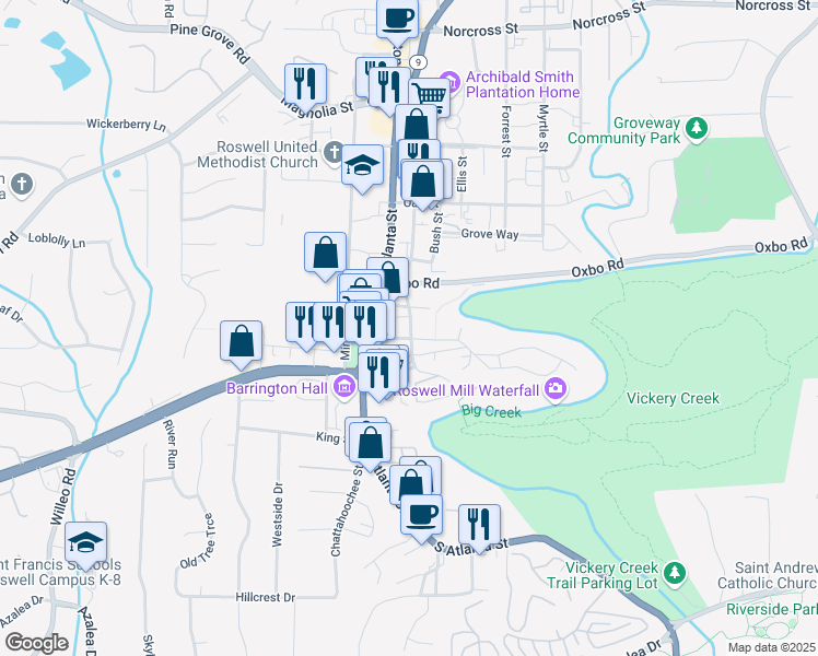 map of restaurants, bars, coffee shops, grocery stores, and more near 34 Sloan Street in Roswell