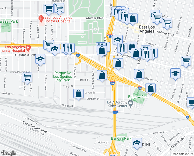map of restaurants, bars, coffee shops, grocery stores, and more near 4469 Tuttle Street in Commerce