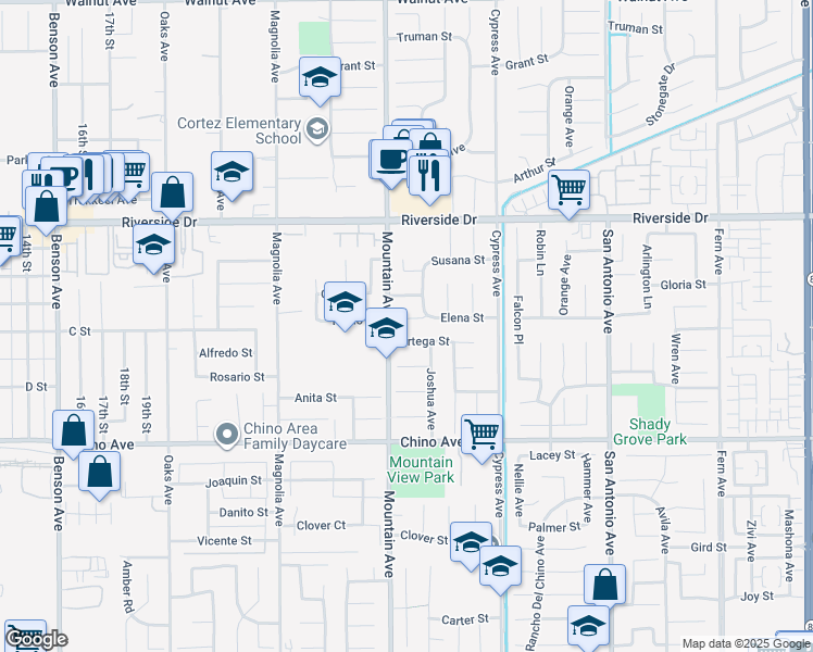 map of restaurants, bars, coffee shops, grocery stores, and more near 6325 Pablo Street in Chino