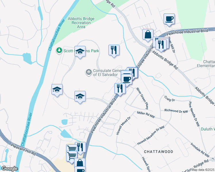 map of restaurants, bars, coffee shops, grocery stores, and more near 3400 Corporate Way in Duluth