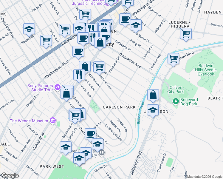 map of restaurants, bars, coffee shops, grocery stores, and more near Jackson Avenue in Culver City