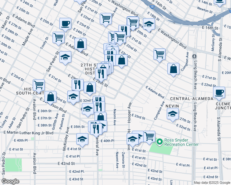 map of restaurants, bars, coffee shops, grocery stores, and more near 2809 East 29th Street in Los Angeles