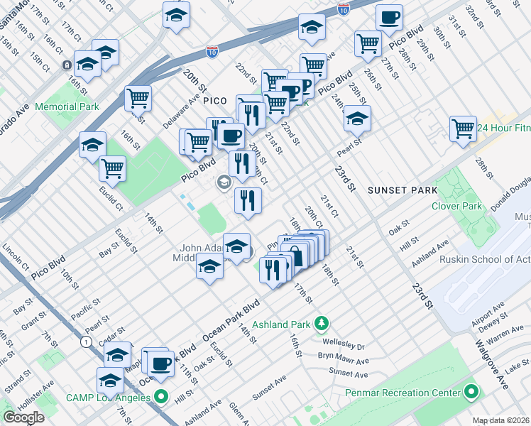 map of restaurants, bars, coffee shops, grocery stores, and more near 1738 Pearl Street in Santa Monica