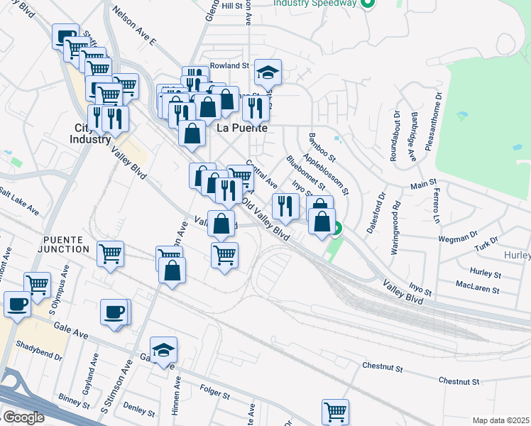 map of restaurants, bars, coffee shops, grocery stores, and more near 16209 Old Valley Boulevard in La Puente