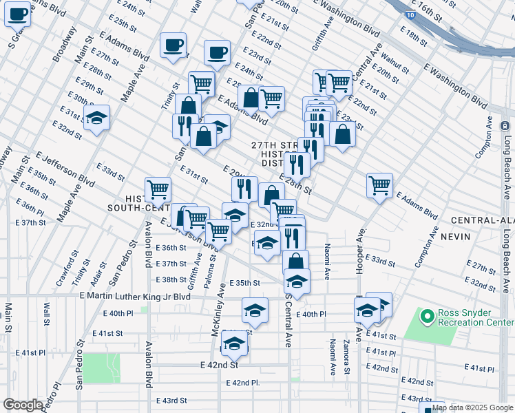 map of restaurants, bars, coffee shops, grocery stores, and more near 943 East 31st Street in Los Angeles