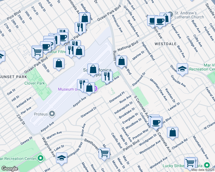 map of restaurants, bars, coffee shops, grocery stores, and more near 3300 Airport Avenue in Santa Monica