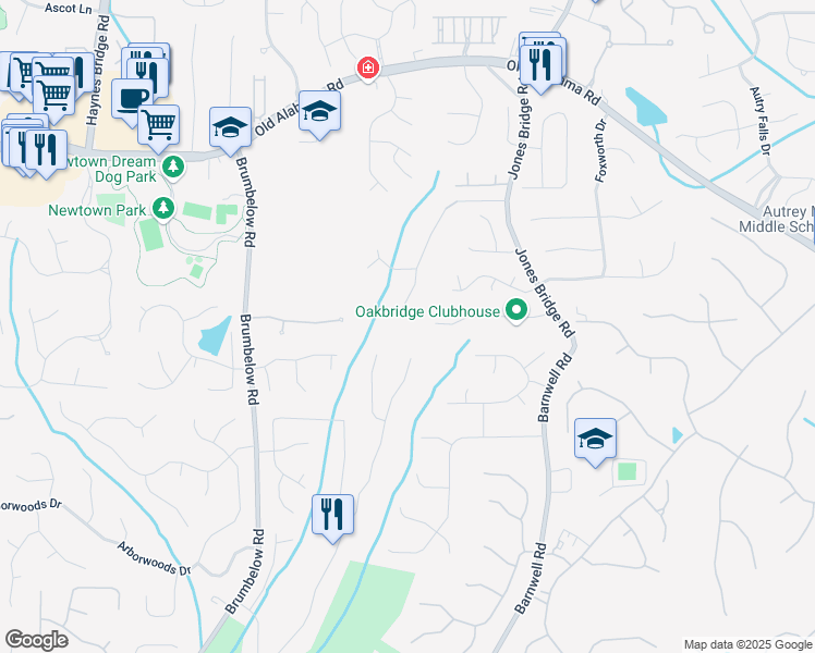 map of restaurants, bars, coffee shops, grocery stores, and more near 9675 Almaviva Drive in Alpharetta