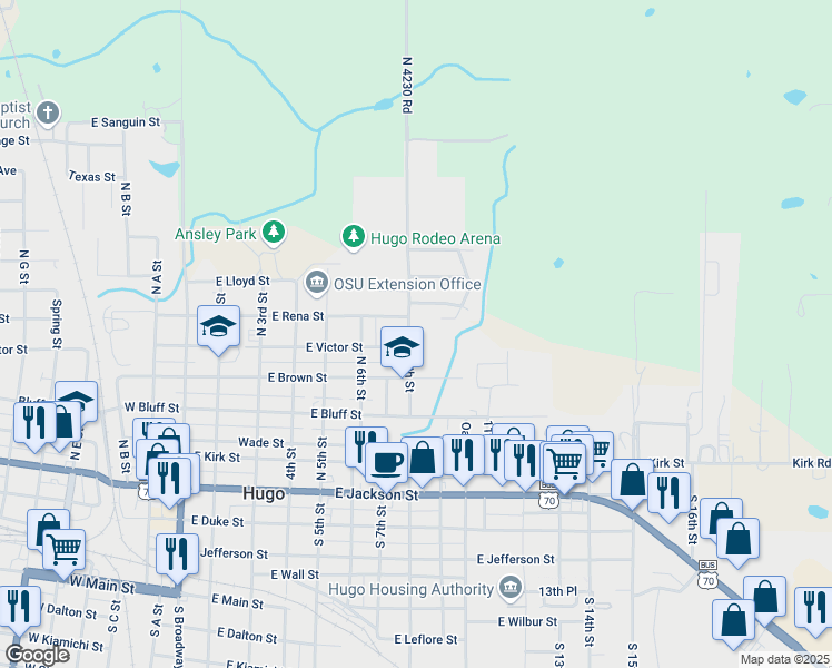 map of restaurants, bars, coffee shops, grocery stores, and more near 702 North 8th Street in Hugo
