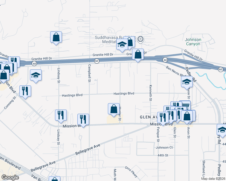 map of restaurants, bars, coffee shops, grocery stores, and more near 9440 Hastings Boulevard in Riverside